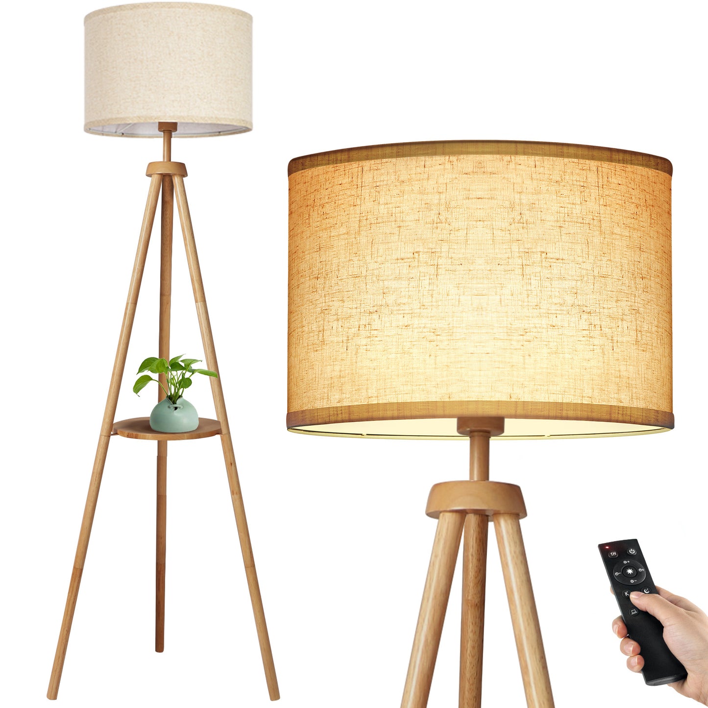 OUTON 63" Dimmable Tripod Floor Lamp Wood with Shelf Remote Control