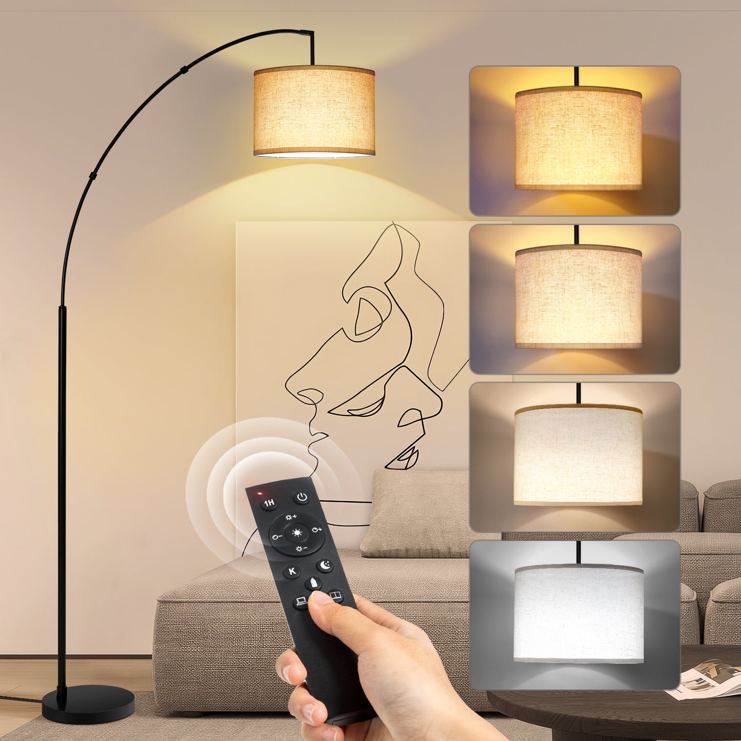 OUTON 81" Arc Floor Lamp, LED Dimmable Modern Standing Lamps with 4 Color Temperatures, Adjustable Linen Shade, Tall Lamp for Living Room, Bedroom (Black+Beige shade)