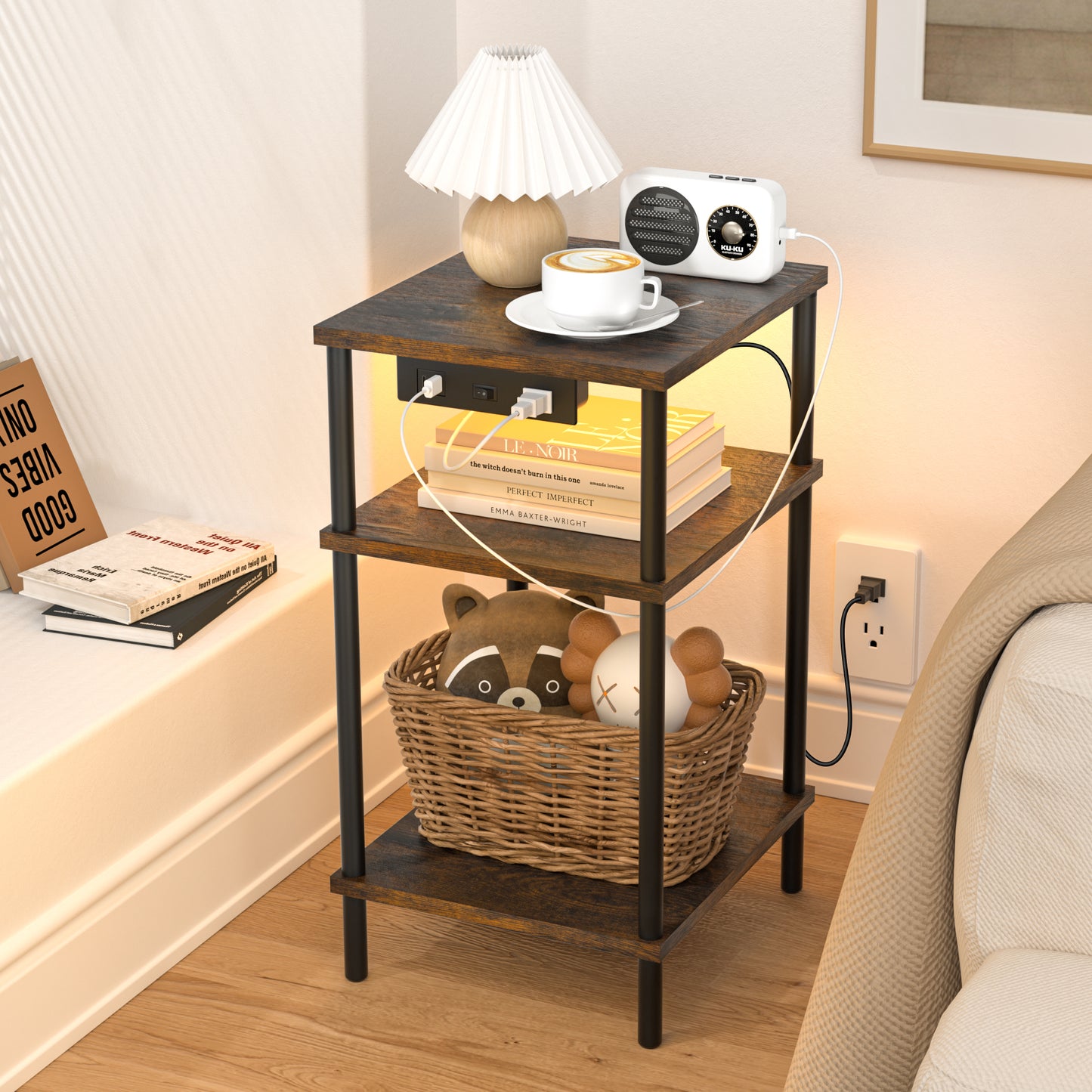OUTONLIFE End Table with Charging Station, Night Stand with 3 Storage Shelves, Narrow Side Table with USB Ports & Power Outlets, Small Bedside Table for Living Room, Bedroom, Black and Brown