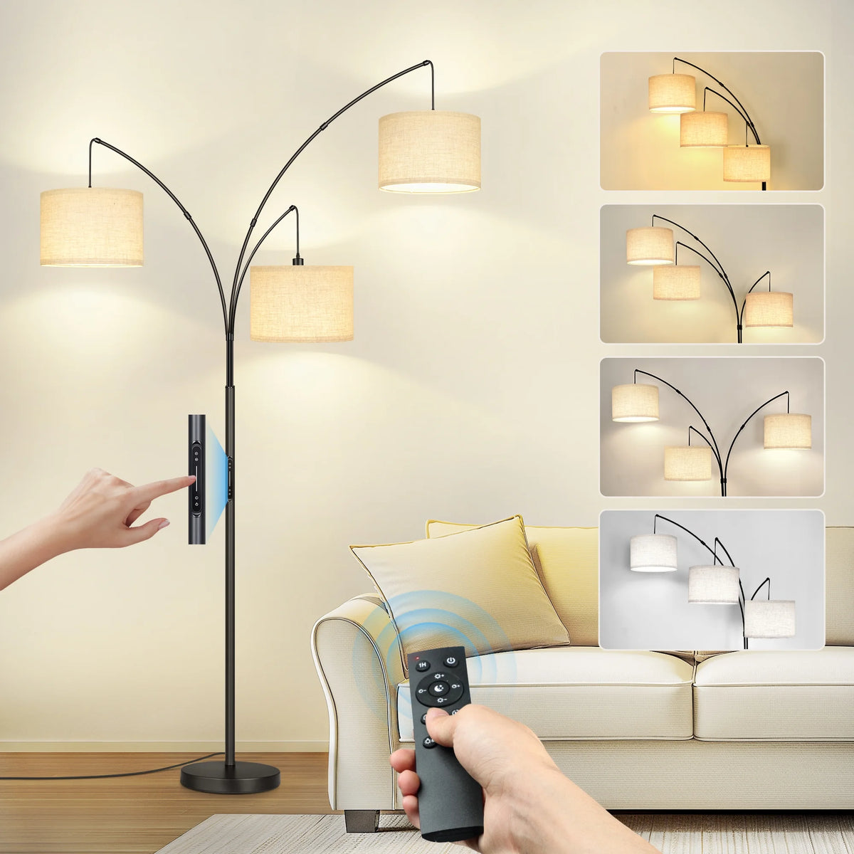 OUTON Arc Floor Lamp with Remote and Touch Control,3 Light Mordern Sta