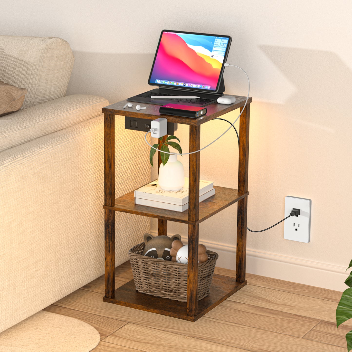 OUTONLIFE End Table with Charging Station, Small Bedside Table with 3 Storage Shelves, Narrow Side Table with USB Ports & Power Outlets, Night Stand for Living Room, Bedroom,Brown