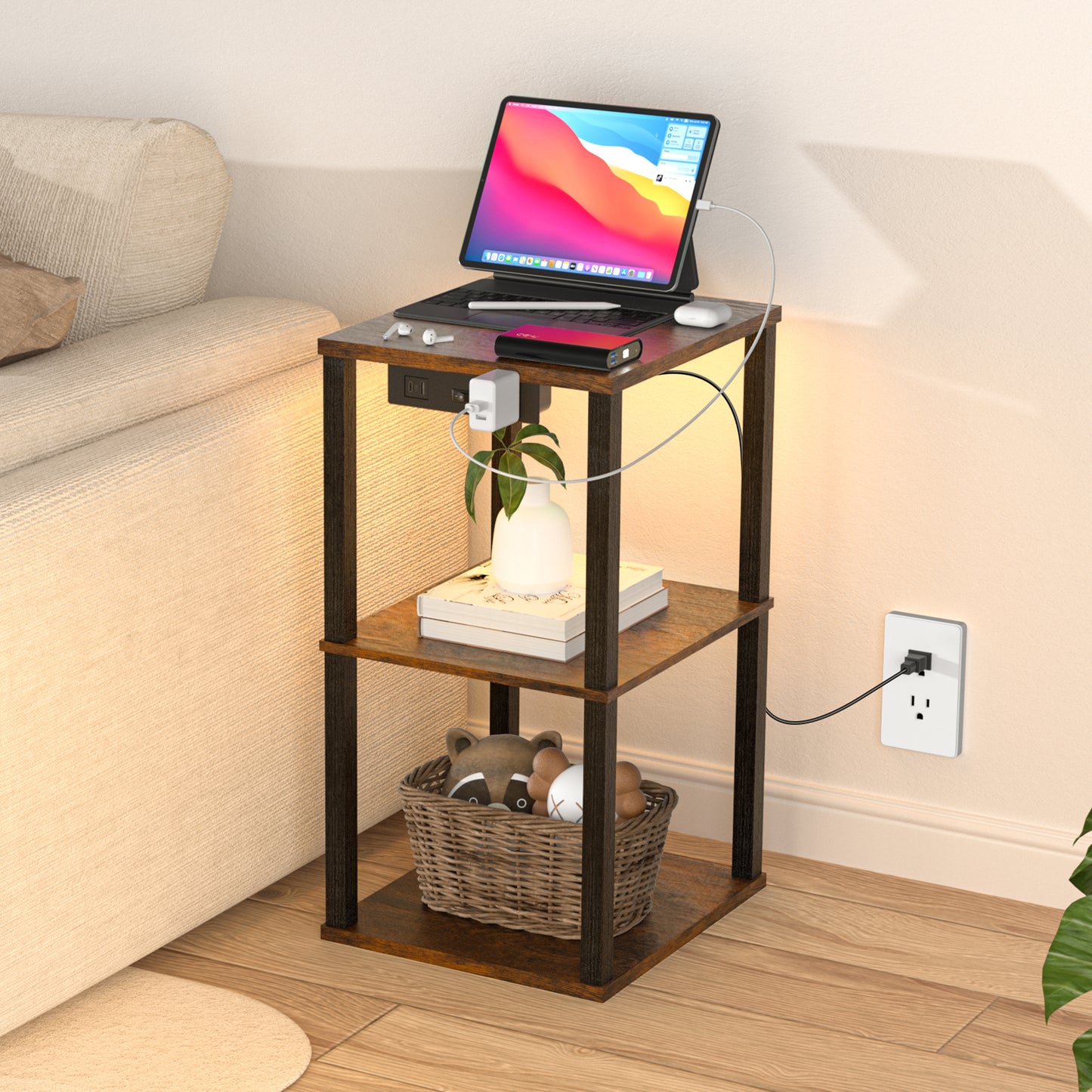 OUTONLIFE End Table with Charging Station, Small Bedside Table with 3 Storage Shelves, Narrow Side Table with USB Ports & Power Outlets, Night Stand for Living Room, Bedroom, Black