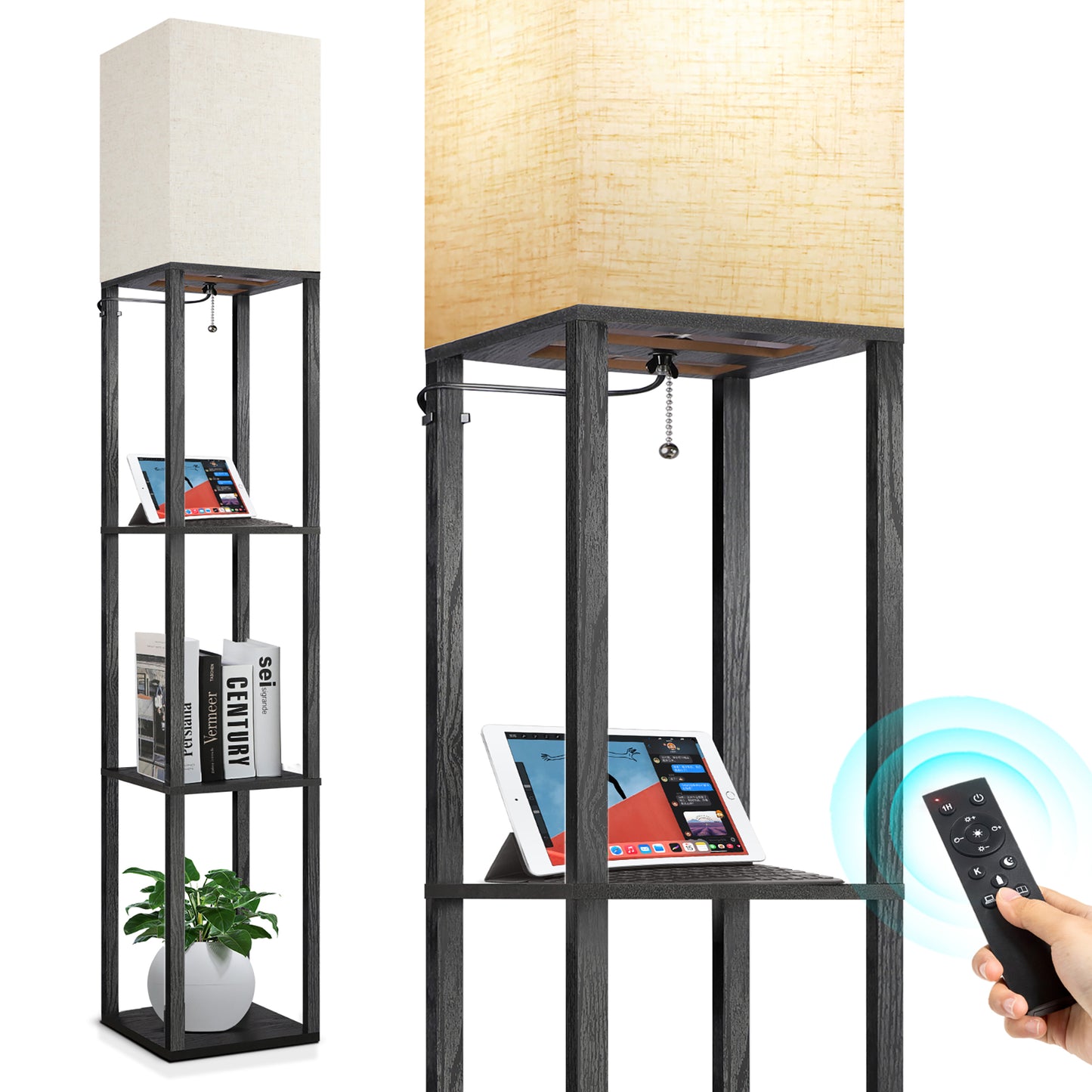 OUTON 63" Floor Lamp with Shelves, Modern Dimmable Standing Lamps with Remote Control for Living Room, Bedroom, Black