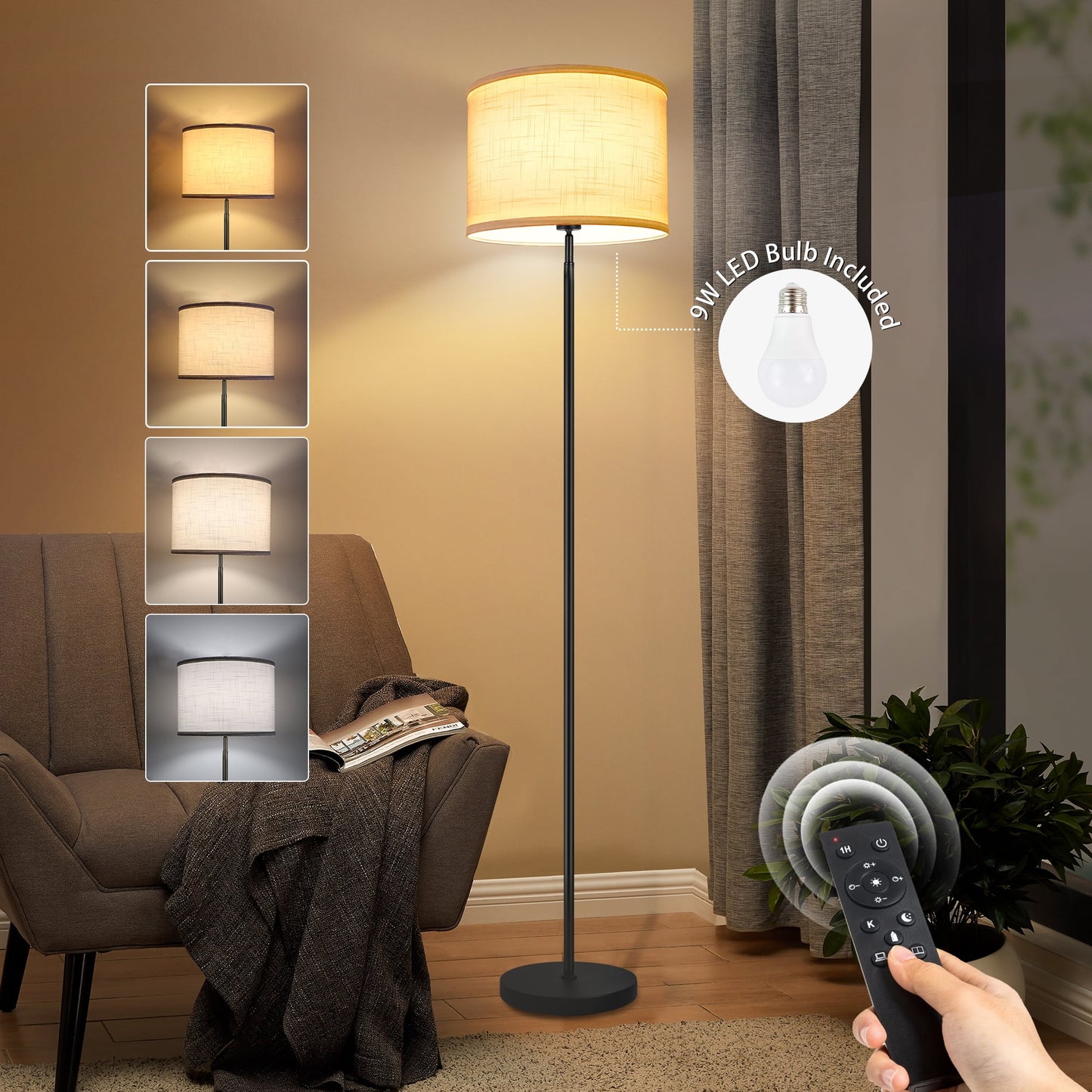 OUTON Floor Lamps for Living Room with Remote Control, 4 Color Temperatures Pole Lamps with Linen Shade for Bedroom, Office