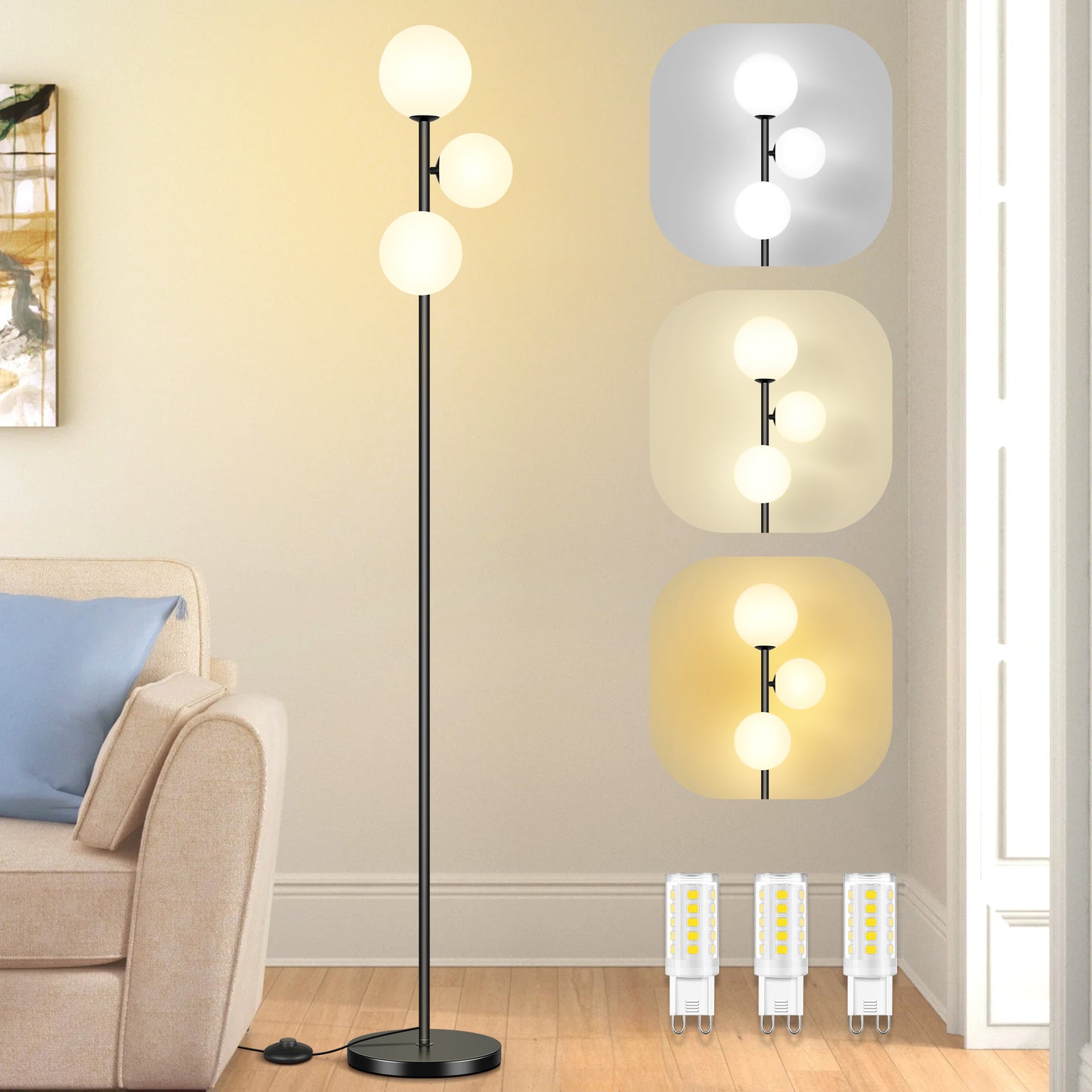 OUTON 71" 3 light Globe Floor Lamp for Living Room Clearance, Modern Standing Lamp with 3 Colors Temperatures, Dimmable Tall Lamp for Bedroom Office,3 Bulbs Included, Black