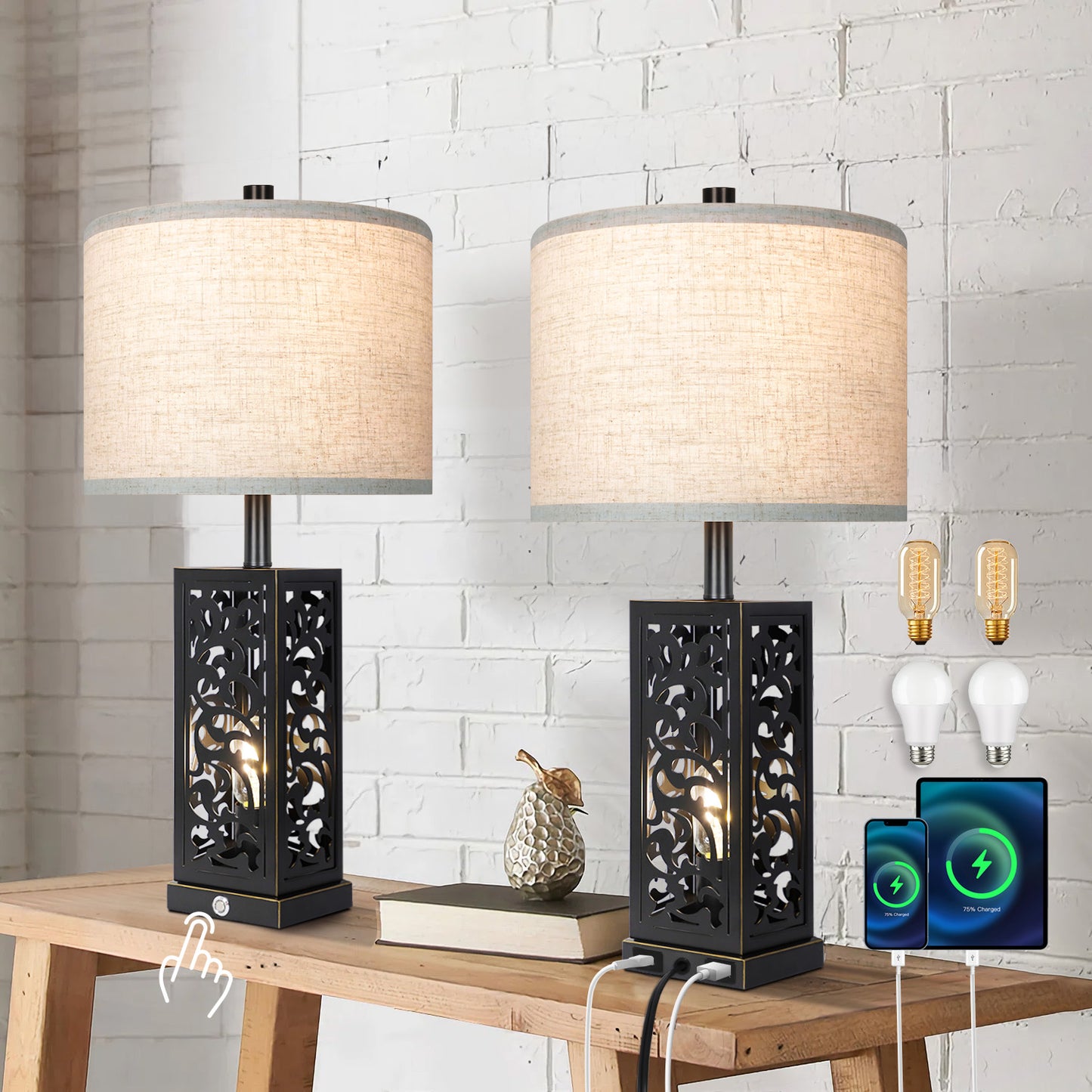 OUTON 26" Metal Tall Table Lamps Set of 2, 3 Way Dimmable Night Light with USB C+A Charging Ports, Farmhouse Bedside Lamps for Living Room Bedroom(Bulbs Included),Black