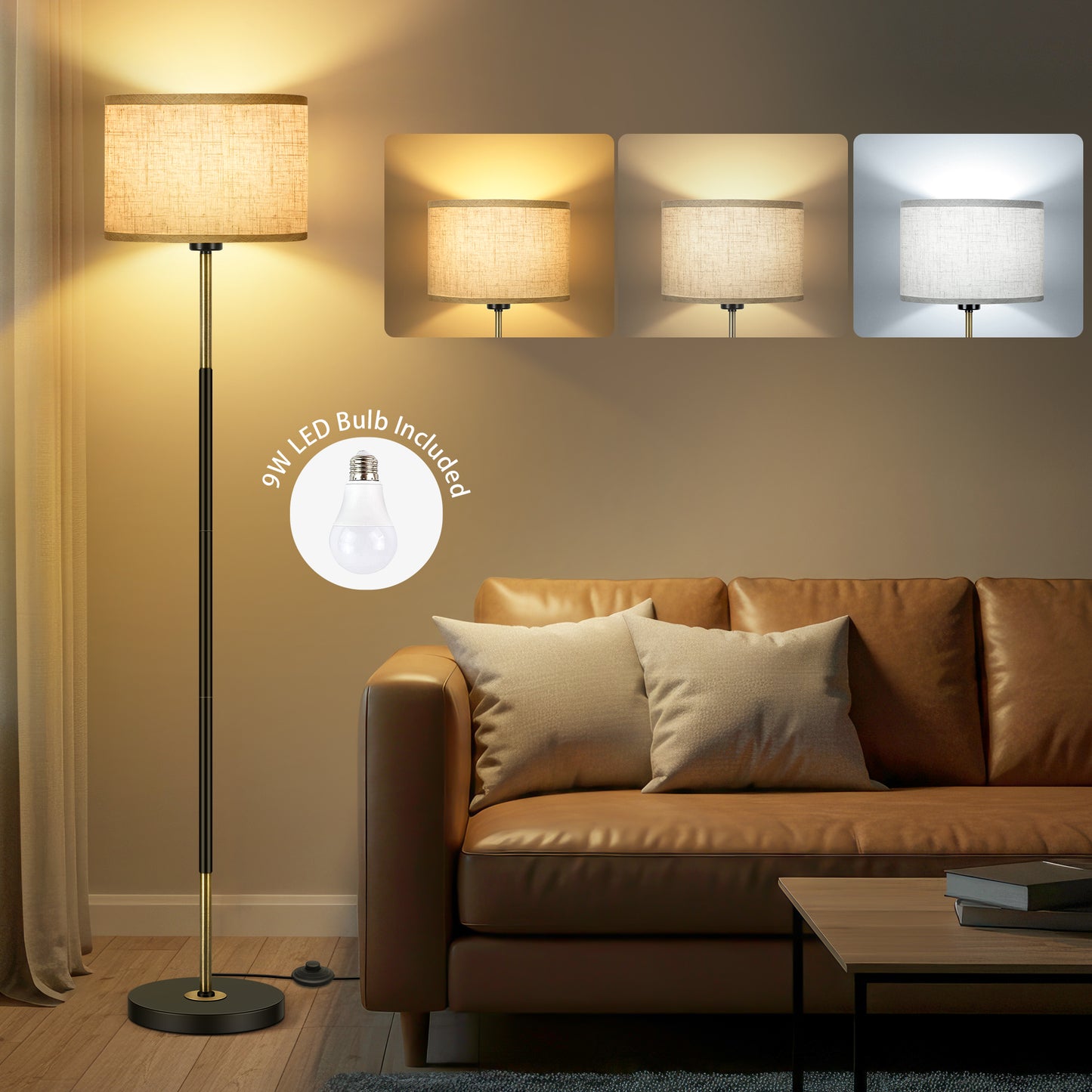OUTON Modern Floor Lamps for Living Room, Standing Lamp with Linen Shade, Tall Pole Lamps for Bedroom, Office,Black and Gold,Bulb Included