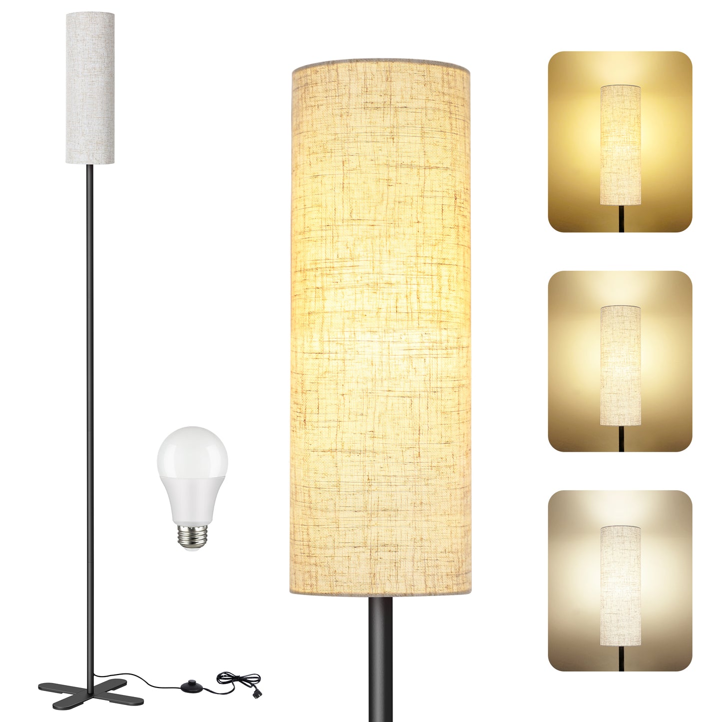 OUTON Modern Floor Lamps for Living Room, Standing Lamp with Linen Shade, Tall Pole Lamps for Bedroom, Office,Bulb Included