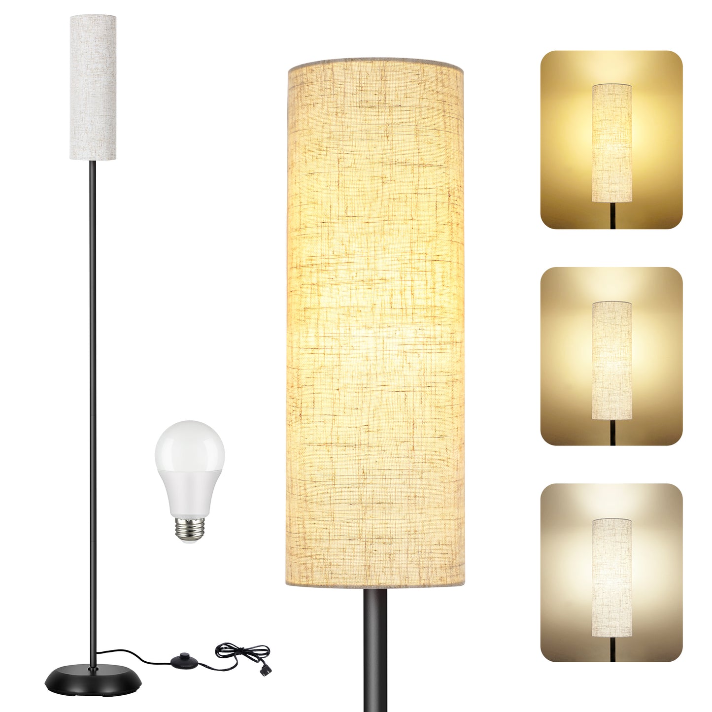 OUTON Modern Floor Lamps for Living Room, Standing Lamp with Linen Shade, Tall Pole Lamps for Bedroom, Office,Black,Bulb Included