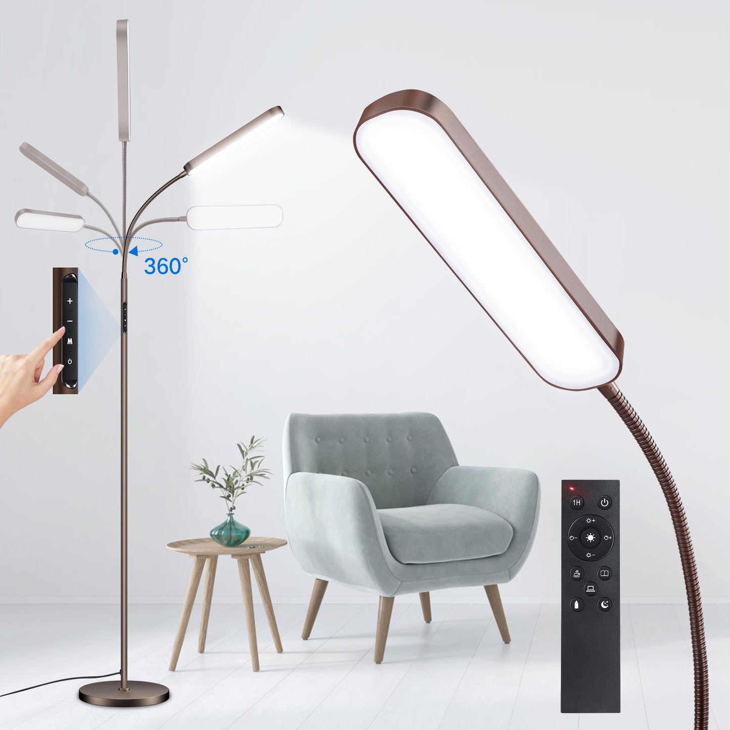 OUTON LED Floor Lamp with Remote Touch Control Adjustable Standing Reading Light with 4 Color Temperature for Living Room(Brown)