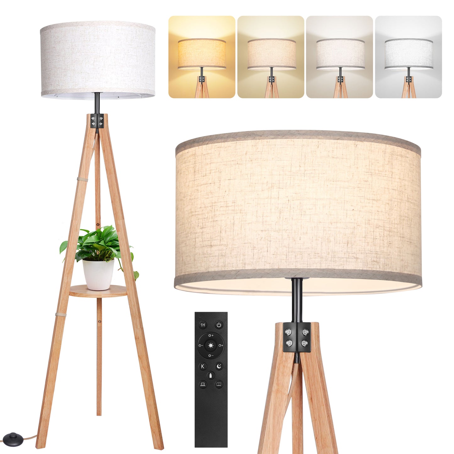 OUTON 59" Wood Tripod Floor Lamp for Living Room, Modern Standing Lamps with Remote Control, 4 Color Temperature Dimmable Pole Light with Linen Shade for Bedroom, Office