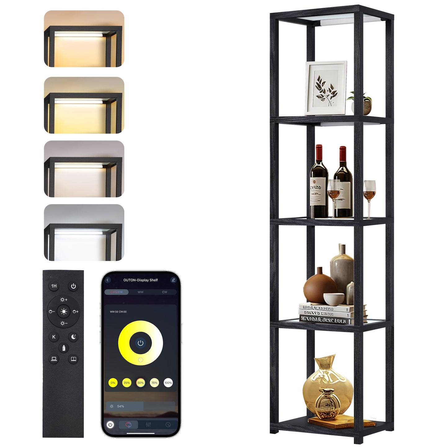 OUTON LED Corner Floor Lamp with Shelves, Standing Lamp with Remote & APP Control, Bookshelf with Light for Living Room