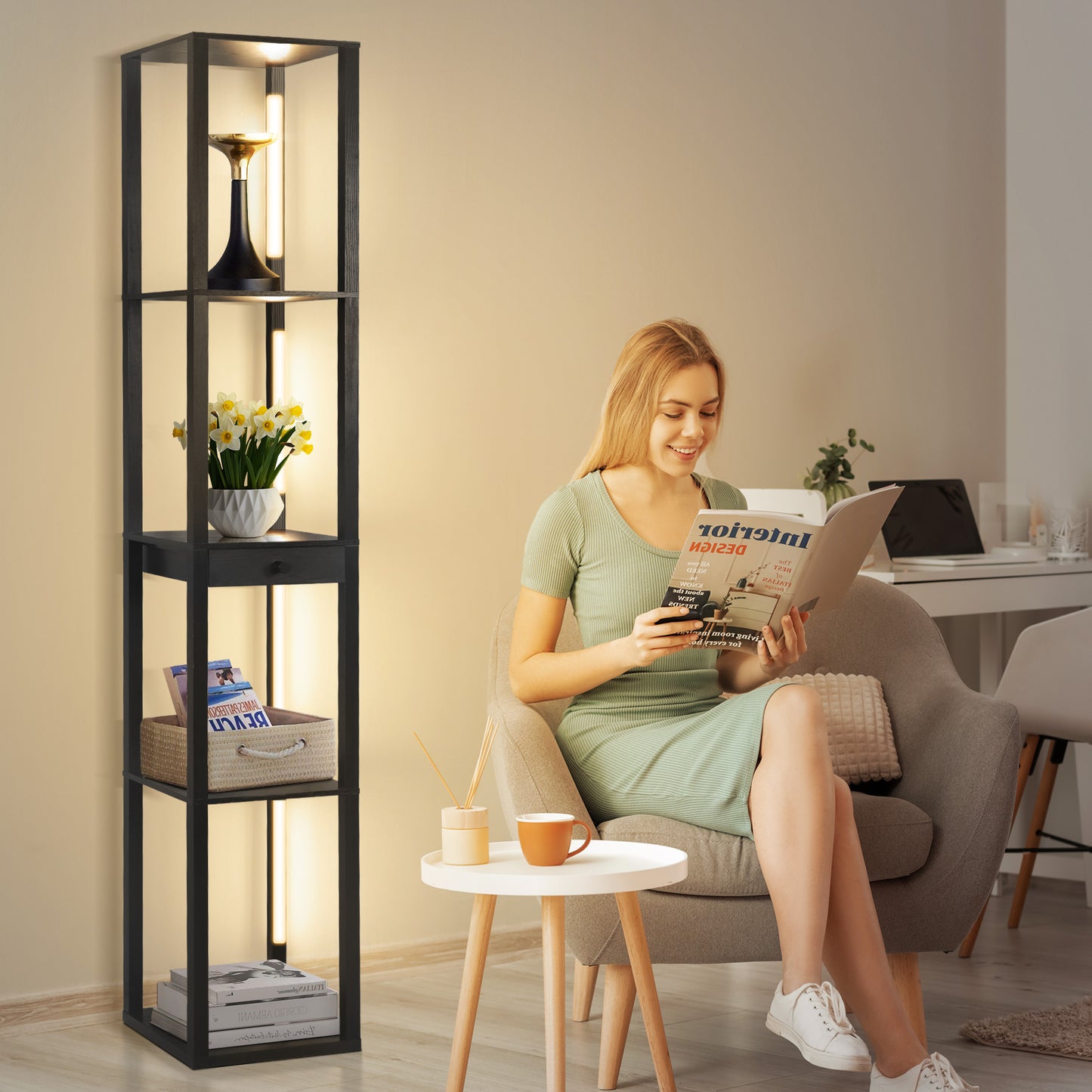 OUTON Floor Lamp with Shelves, Standing Lamp with Drawer, Rotatable Adjustable Side-Lit with Remote & APP Control for Living Room, Bedroom
