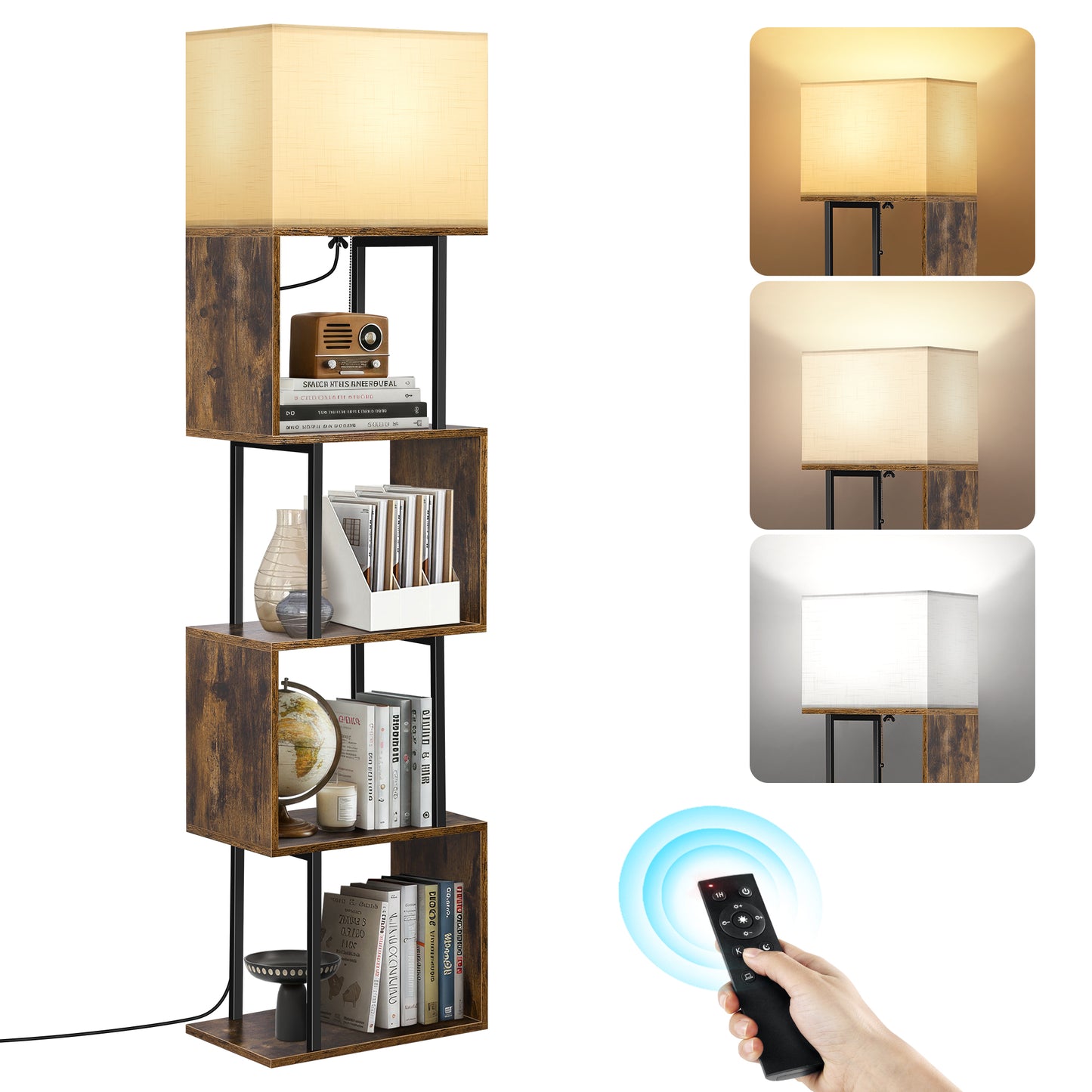 OUTONLIFE Floor Lamp with Shelves & Remote, 4-Tier Dimmable S Shape Standing Lamp with 3 Color Temperature LED Bulb for Living Room Bedroom, Office