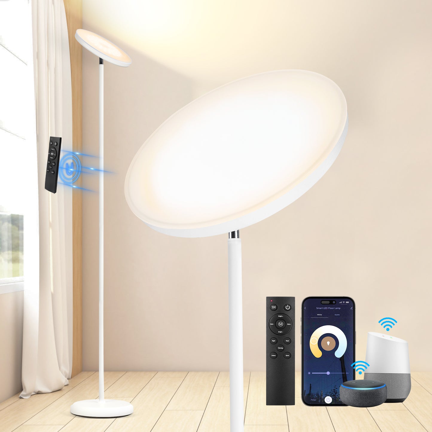 OUTON Smart LED Torchiere Floor Lamp with Remote, Compatible with Alexa & Google Home, Dimmable Bright Tall Standing Lamp for Living Room (White)