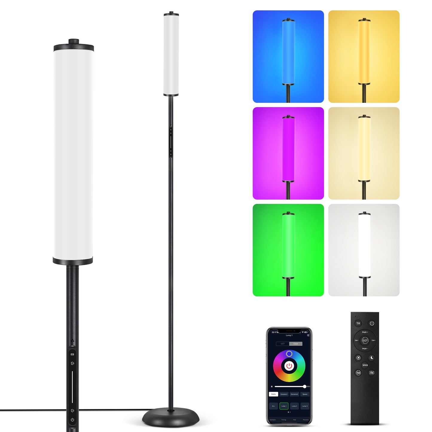 OUTON Bright LED Floor Lamp with Remote and APP Control, 1500LM 65" Tall Standing Lamp, Ambient Light, Music Sync, Modern Corner Lamps for Living Room, Bedroom, Black