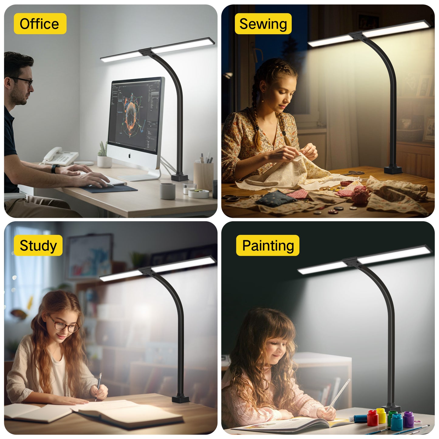 OUTON Led Desk Lamps for Office with Clamp, 360 Adjustable Eye Office Desk Lamps, Dimming Adjustable Double Head Desk Lamp for Working Reading Study , Black
