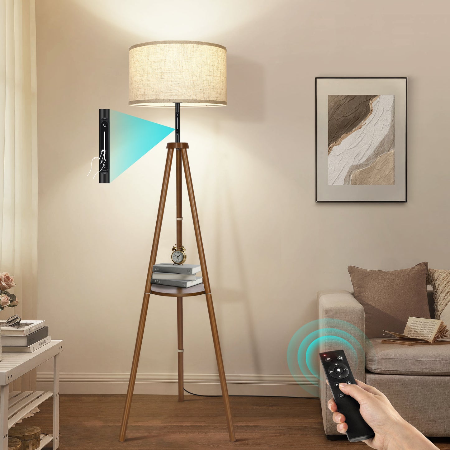 OUTON 61" Wood Tripod Floor Lamp with Shelves, Dimmable Standing Lamps with Remote and Touch Control, Modern Shelf Floor Lamp for Living Room, Bedroom, Office, LED Bulbs Included