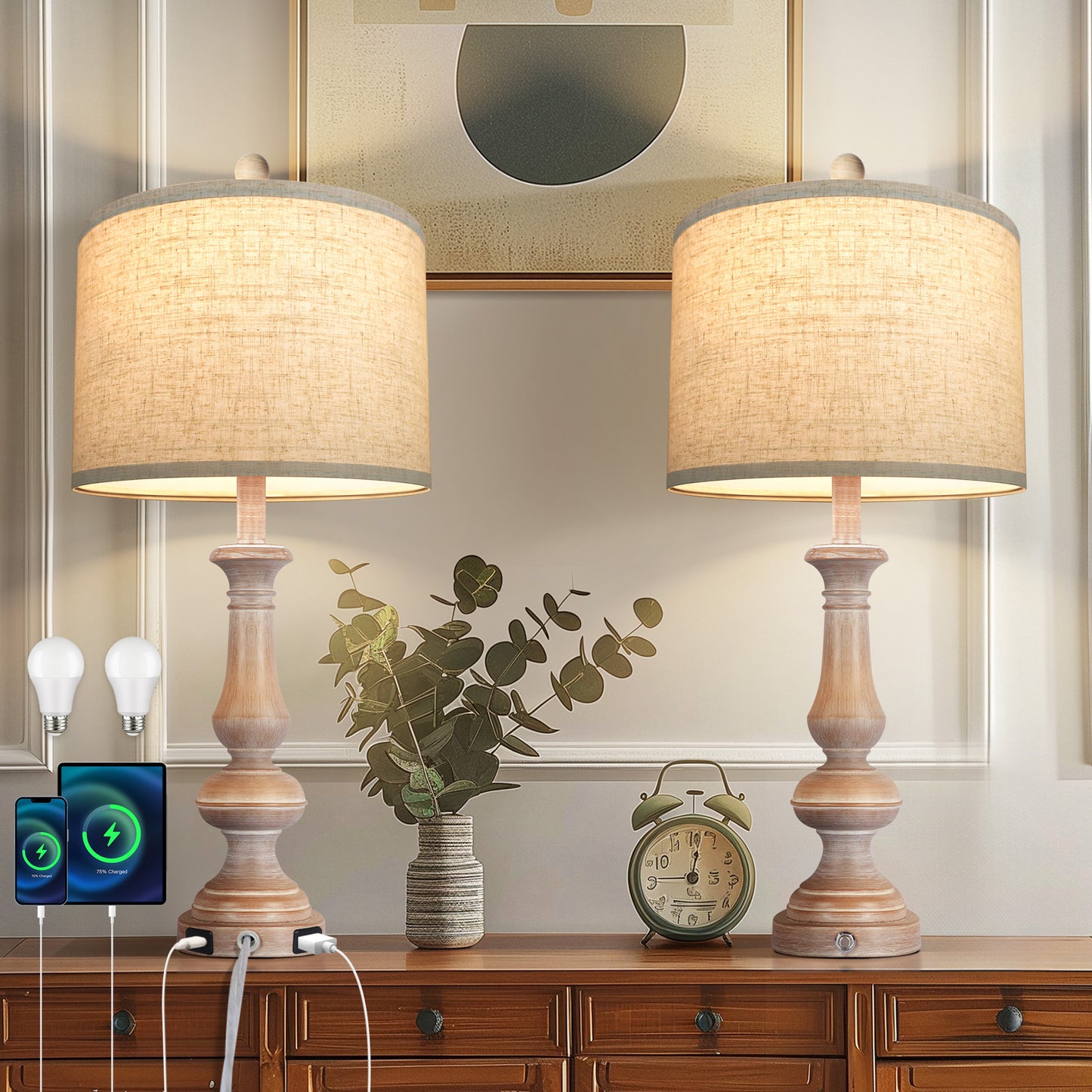 OUTON Farmhouse Resin Table Lamp Set of 2 for Living Room Bedroom, Dimmable Bedside Lamps with USB & Type C Ports, 27" Tall Table Lamp with Bulbs