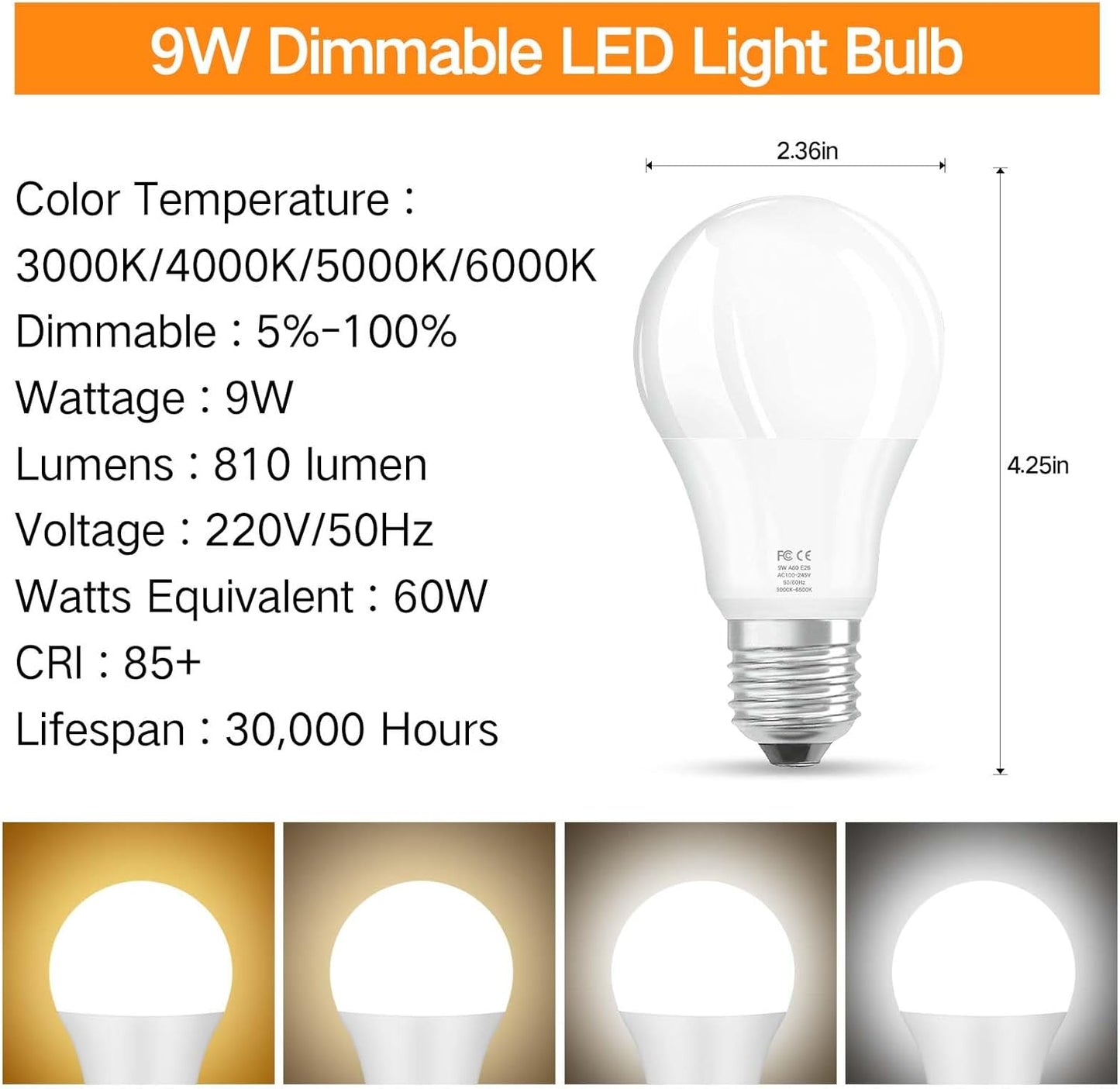 OUTON 2 Pack A19 9W LED Dimmable Light Bulb with APP & Remote Control, E26 Base
