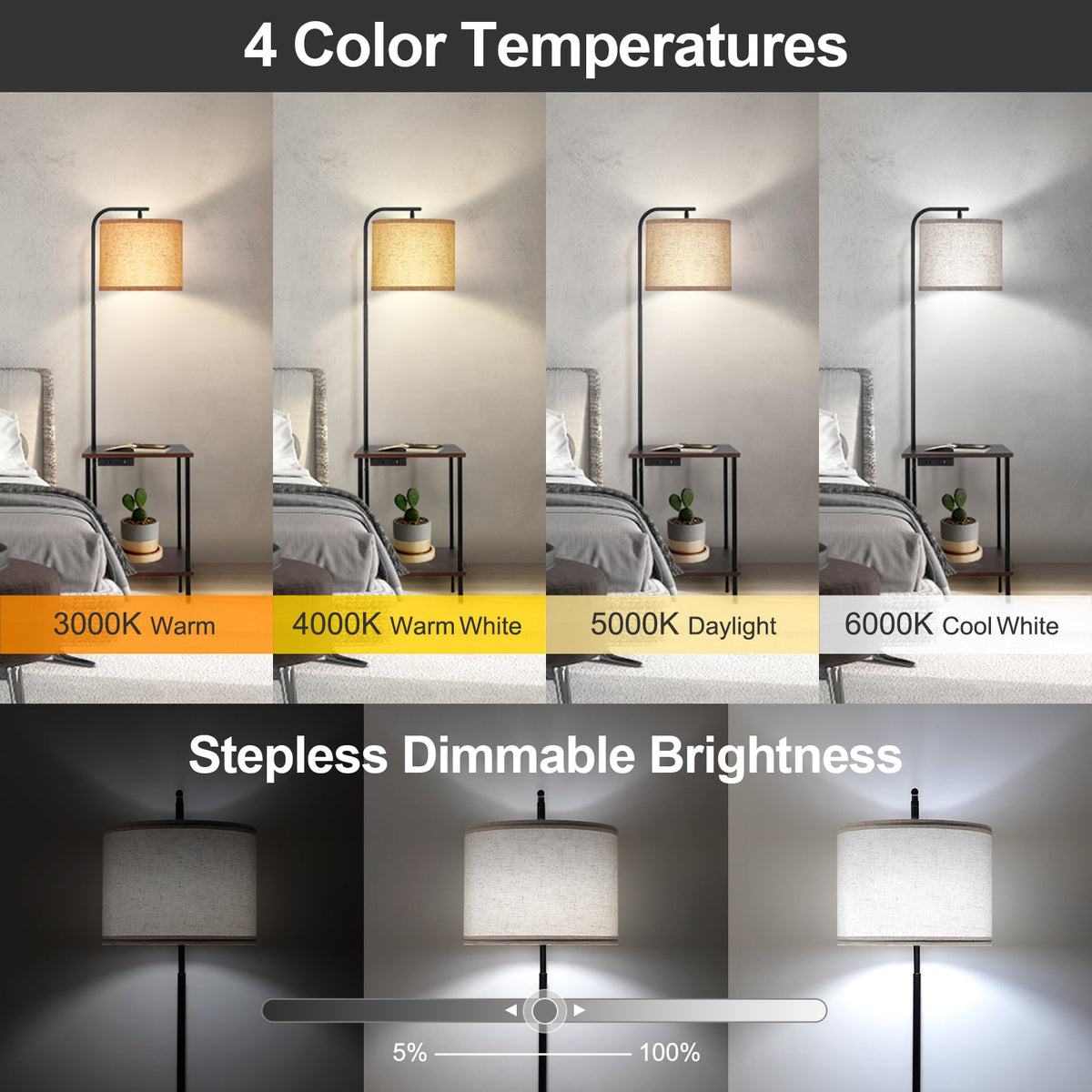 OUTON Floor Lamp with Table, Modern Dimmable Standing Lamp with Shelves, USB Charging Port, AC Outlet, Side End Table with Lamp Attached, Narrow Night OUTON Walnut Floor Lamp with Table, End Table with Lamp for Living Room  with USB \u0026 Type C Charging Port, Dimmable Lamps for Nightstand Attached for