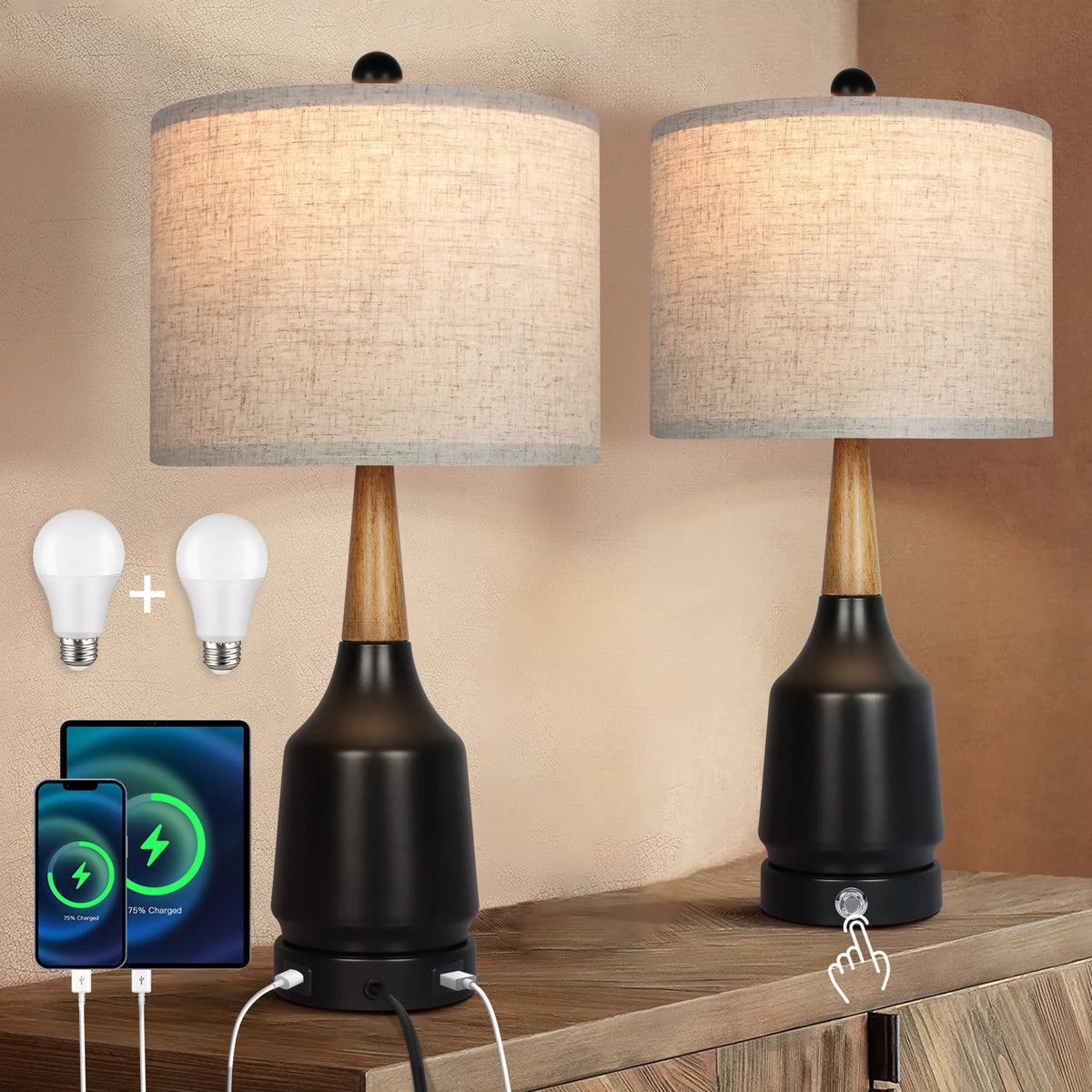 OUTON Modern Touch Control Table Lamps for Bedroom