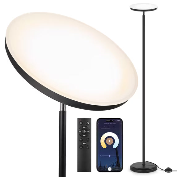 OUTON 30W Torchiere Floor Lamp, Super Bright LED Floor Lamp with Remote Control and APP, 70" Tall Standing Lamp for Living Room,Stepless Dimmable Reading Lamp (Black)