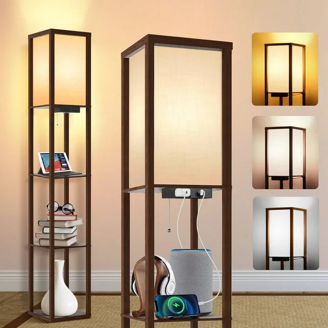 Outon Floor Lamp with Shelves, USB Port, Linen Shade 63.7'' Memory Function Tall LED Wood Shelf Floor Lamp for Living Room, Bedroom(Walnut)