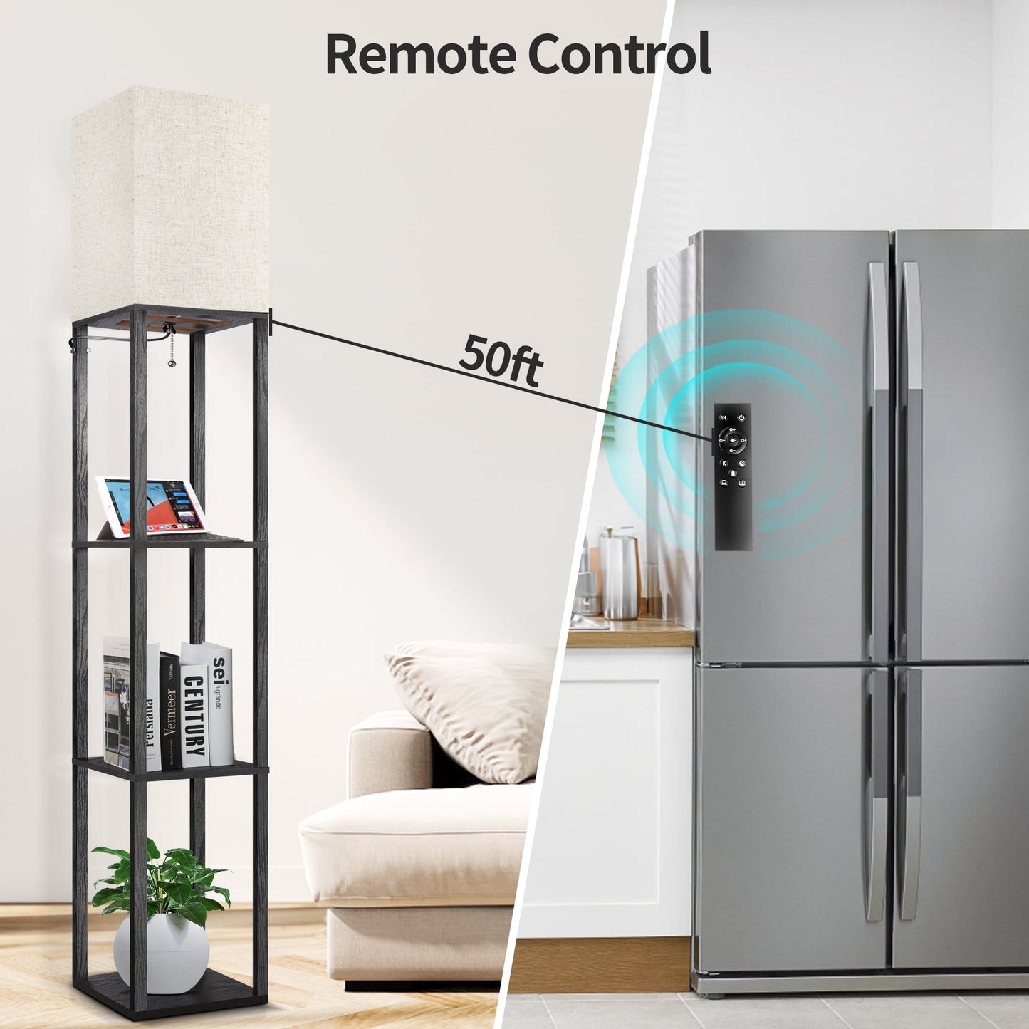 OUTON 63" Floor Lamp with Shelves, 4-Tier Dimmable Shelf Floor Lamp with Remote Control for Living Room, Bedroom- Black