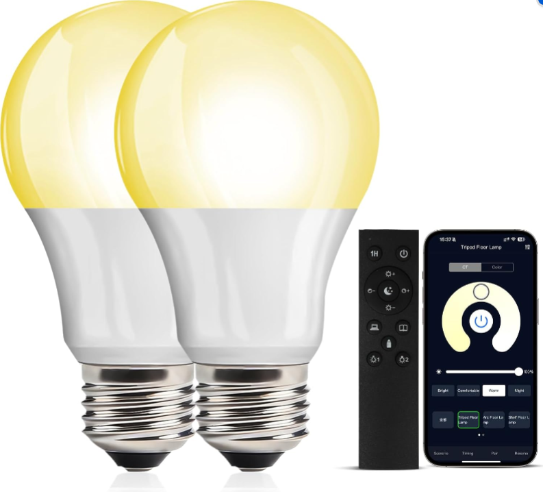 OUTON 2 Pack A19 9W LED Dimmable Light Bulb with APP & Remote Control, E27 Base