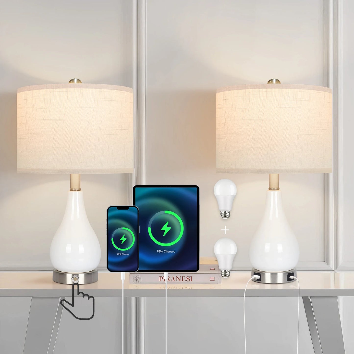 OUTON Ceramic Table Lamp Set of 2 , Bedside Lamp with USB C+A Charging Ports, 3-Way Dimmable Nightstand Lamp for Living Bedroom Office, Bulbs Included, White