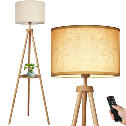 OUTON 63" Dimmable Tripod Floor Lamp Wood with Shelf Remote Control