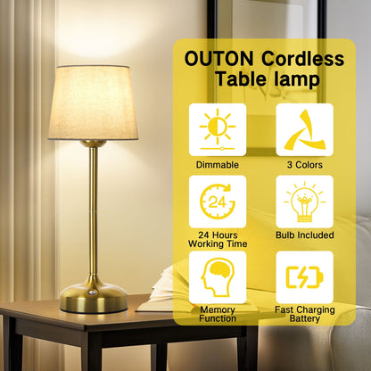 OUTON Touch Control Table Lamp for Living Room, 3-Way Dimmable Nightstand Bedside Lamp with Linen Fabric Shade for Bedroom Office, Gold