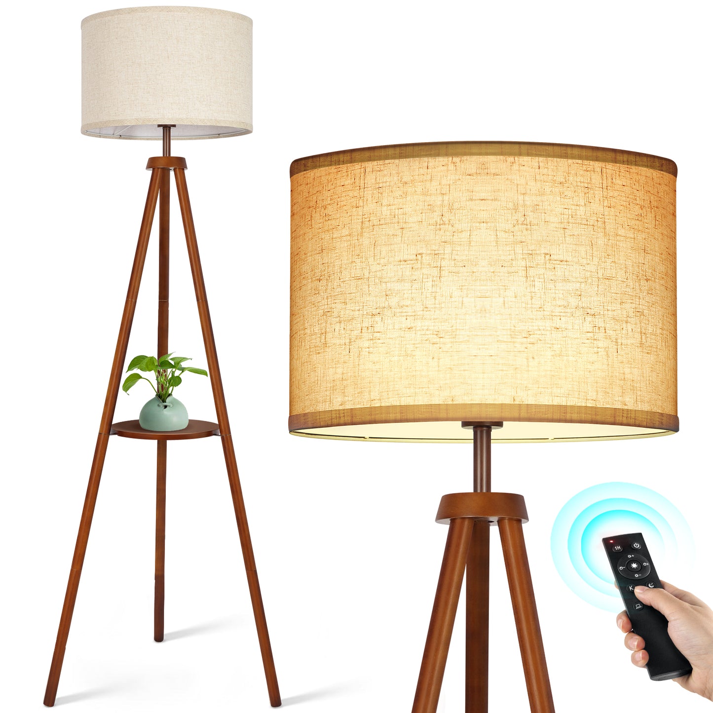 OUTON 63" Dimmable Tripod Floor Lamp Wood with Shelf Remote Control