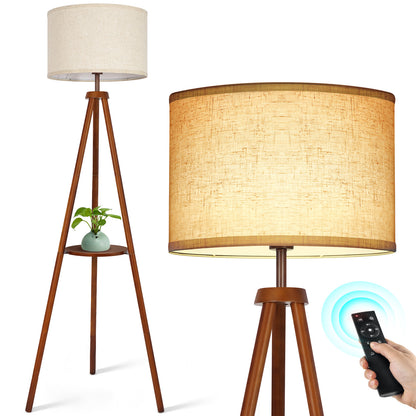 OUTON 63" Dimmable Tripod Floor Lamp Wood with Shelf Remote Control