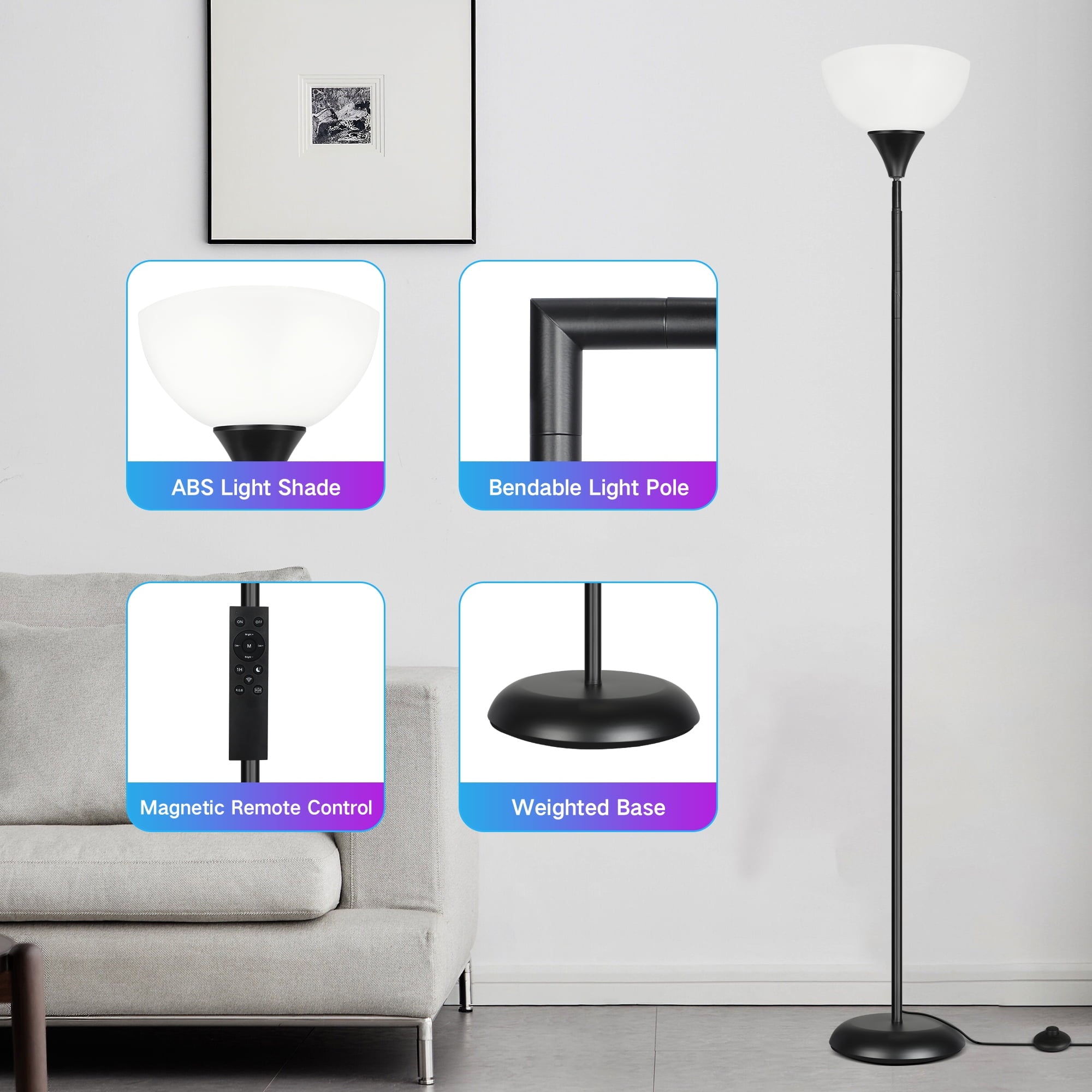 OUTON Smart Floor Lamp, RGB Adjustable Reading Light Compatible with Alexa & Google Home, Modern Tall Standing Lamp for Living Room, Bedroom, Black