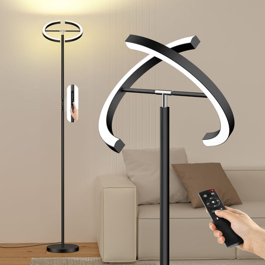 OUTON Split Floor Lamp with Reading Light, Modern Bright LED Rotatable Standing Lamp with Stepless Dimming and 4 Color for Living Room Bedroom Office, Touch and Remote Control, Black