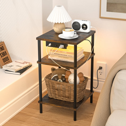 OUTONLIFE End Table with Charging Station, Night Stand with 3 Storage Shelves, Narrow Side Table with USB Ports & Power Outlets, Small Bedside Table for Living Room, Bedroom, Black and Brown