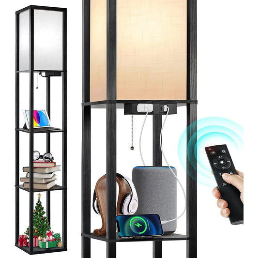 OUTON Dimmable Floor Lamp with Shelves, USB Ports & Power Outlet, Remote, 63.7'' Standing Tall Wood Shelf Lamp for Living Room, Bedroom (Black)