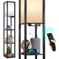 OUTON Dimmable Floor Lamp with Shelves, USB Ports & Power Outlet, Remote, 63.7'' Standing Tall Wood Shelf Lamp for Living Room, Bedroom (Black)