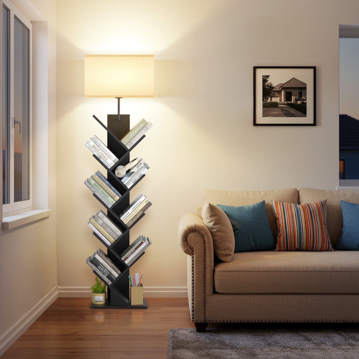 OUTONLIFE Floor Lamp with Remote,Tree Bookshelf with Light, 9-Tier Floor Standing Bookcase for Living Room Bedroom, Office,Black