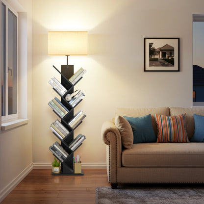 OUTONLIFE Floor Lamp with Remote,Tree Bookshelf with Light, 9-Tier Floor Standing Bookcase for Living Room Bedroom, Office,Black