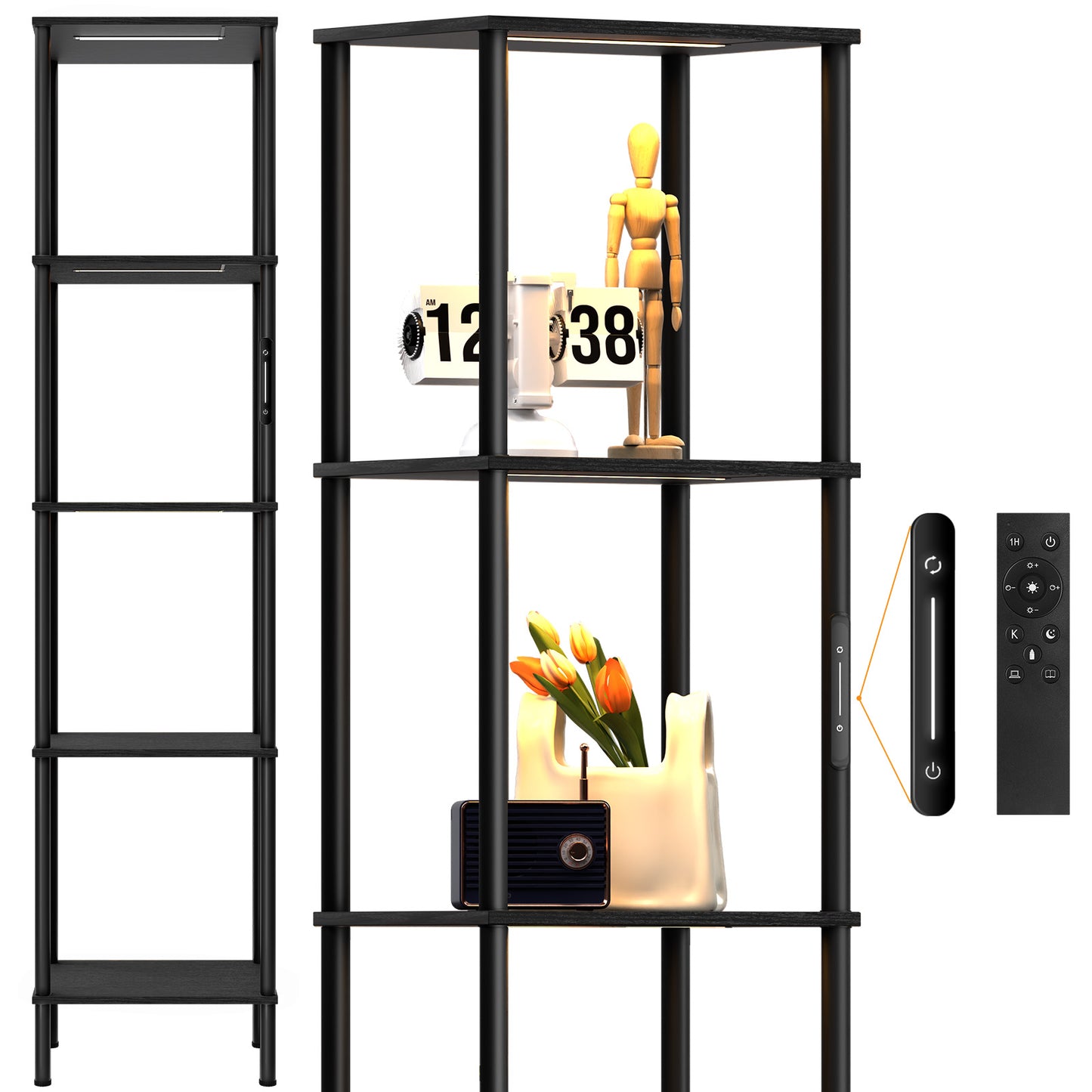 OUTONLIFE Floor Lamp with Shelf , 5-Tier Corner Shelf, 66.5" Display shelf, Tall Shelf for Bedroom, Bathroom, Living Room, Kitchen, Black