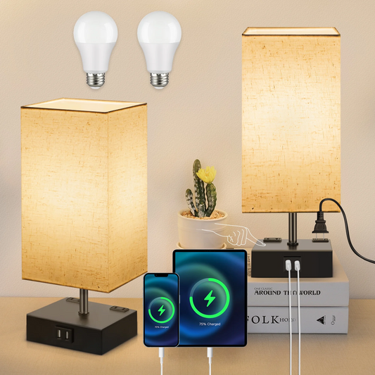 OUTON Bedside Table Lamp Set of 2, Touch Control Nightstand Lamp with USB A+C Charging Ports, 3-Way Dimmable lamps with Linen Fabric Shade for Bedroom Living Room, Black