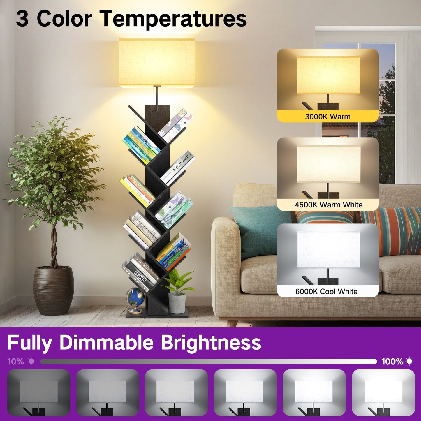 OUTONLIFE Floor Lamp with Remote,Tree Bookshelf with Light, 9-Tier Floor Standing Bookcase for Living Room Bedroom, Office,Black