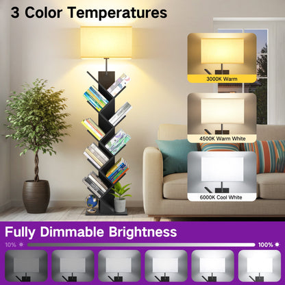 OUTONLIFE Floor Lamp with Remote,Tree Bookshelf with Light, 9-Tier Floor Standing Bookcase for Living Room Bedroom, Office,Black