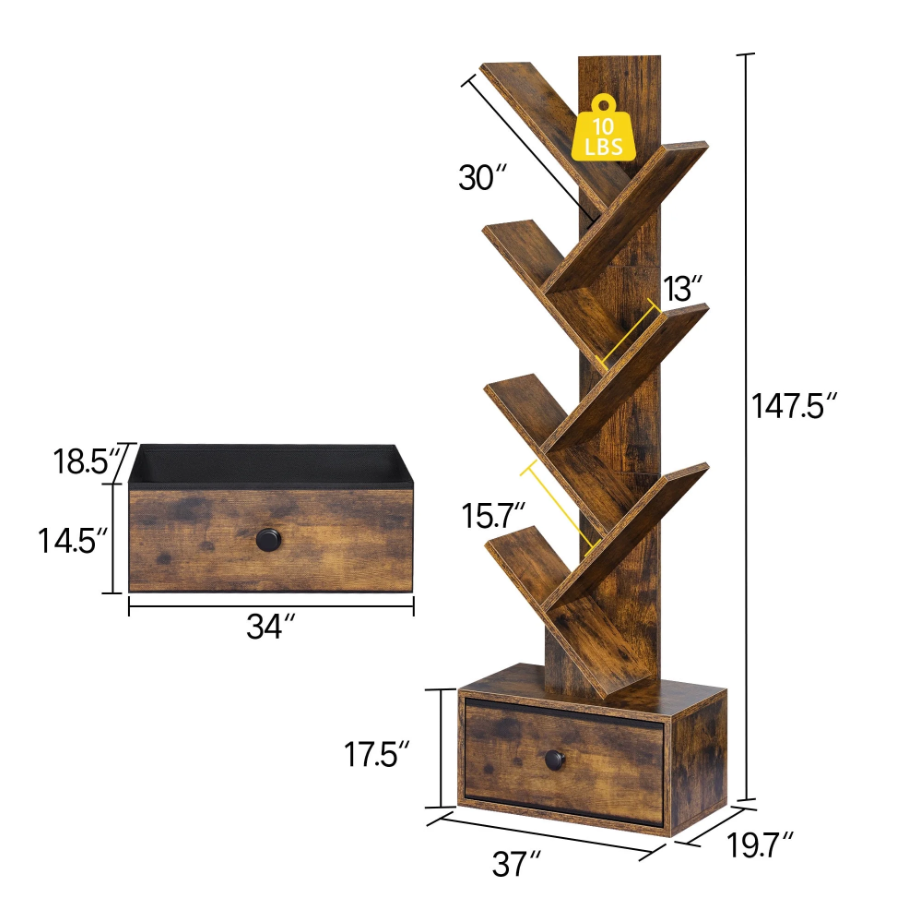OUTONLIFE Tree Bookcase, 6-Tier Floor Standing Bookshelf with Drawer for Living Room Bedroom, Office