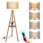 OUTON Boho Rattan Tripod Floor Lamp with Shelves, Dimmable Standing Lamp with Remote Control,Wood Tall Floor Lamps for Living Room Bedroom Office Farmhouse, Walnut