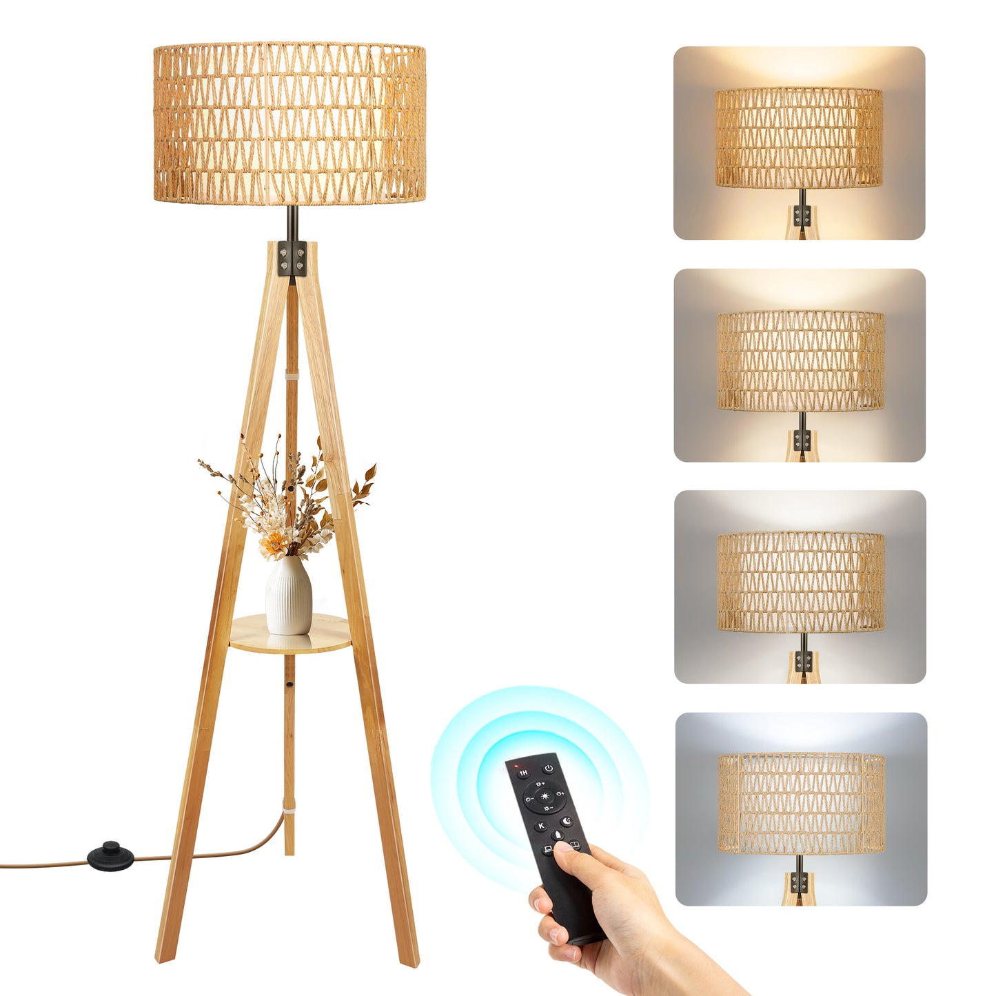 OUTON Boho Rattan Tripod Floor Lamp with Shelves, Dimmable Standing Lamp with Remote Control,Wood Tall Floor Lamps for Living Room Bedroom Office Farmhouse, Square Wood