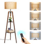 OUTON Boho Rattan Tripod Floor Lamp with Shelves, Dimmable Standing Lamp with Remote Control,Wood Tall Floor Lamps for Living Room Bedroom Office Farmhouse, Wood